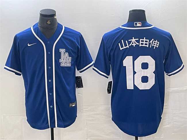 Mens Los Angeles Dodgers #18 Yoshinobu Yamamoto Blue Cool Base Stitched Jersey